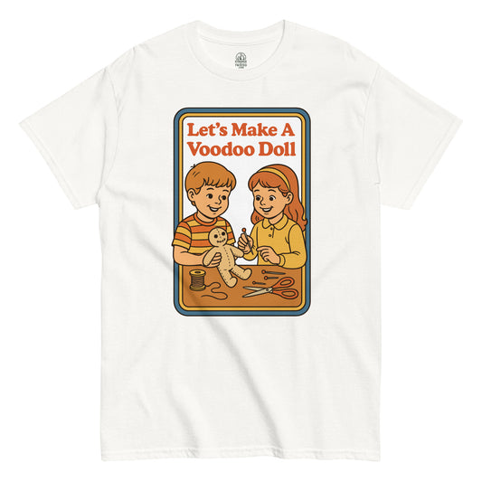 Retro occult parody T-shirt with cartoon kids making a voodoo doll, vintage 70s children’s book cover style, Strangeandtwisted.com