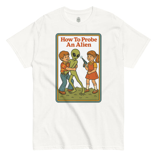 Unisex classic alien parody T-shirt in white with retro 1970s children’s book cover design, by strangeandtwisted.com