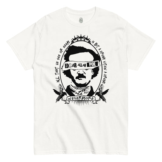 White Edgar Allan Poe Nevermore T-Shirt front view, gothic literary horror design with famous quote, By strangeandtwisted.com