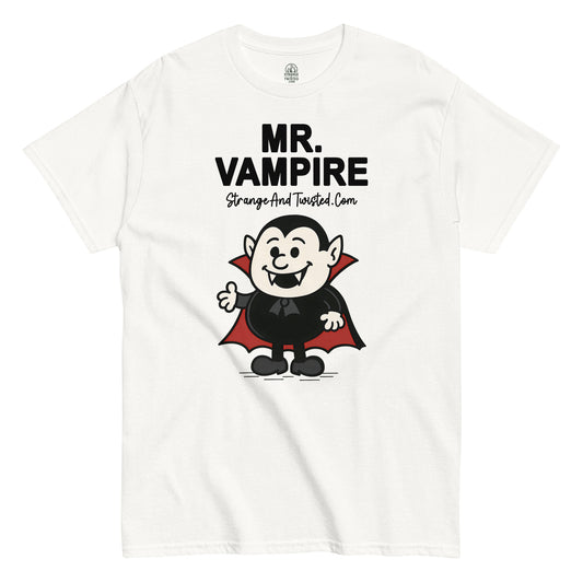 White Mr. Vampire T-Shirt front view, funny gothic horror cartoon parody design, By strangeandtwisted.com