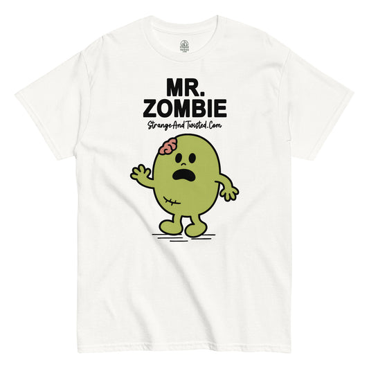 White Mr. Zombie T-Shirt front view, funny cartoon gothic horror parody design, By strangeandtwisted.com
