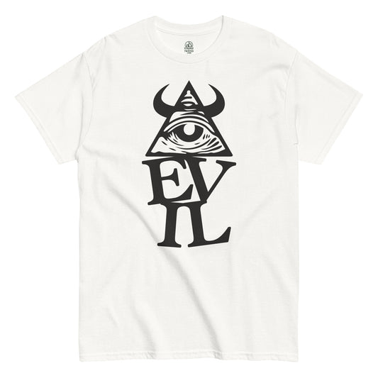 White Illuminati conspiracy theory T-shirt with all-seeing eye pyramid and evil symbol design