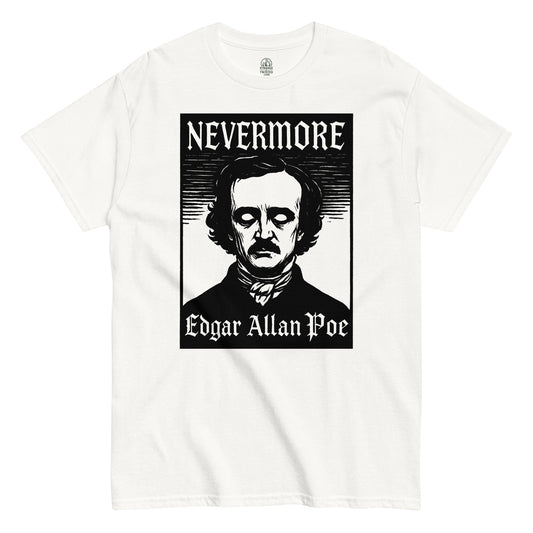 Edgar Allan Poe T-shirt on white – gothic “Nevermore” design inspired by Poe’s The Raven