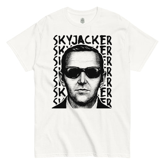 White D.B. Cooper T-shirt featuring humorous unsolved mystery design, funny true crime apparel by Strange and Twisted