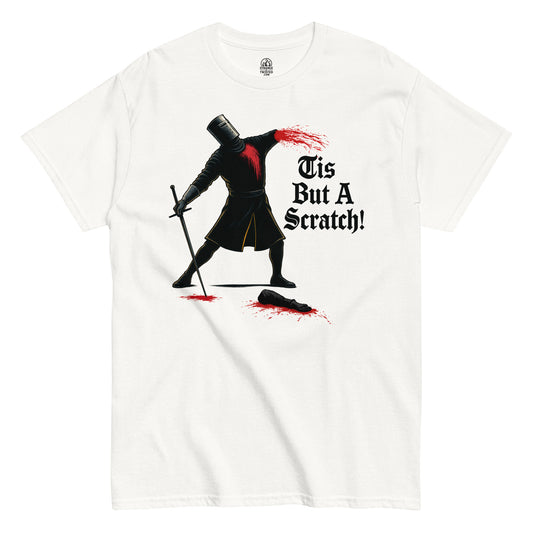 White t-shirt with a graphic of a knight and text 'Tis But A Scratch!' on a white background