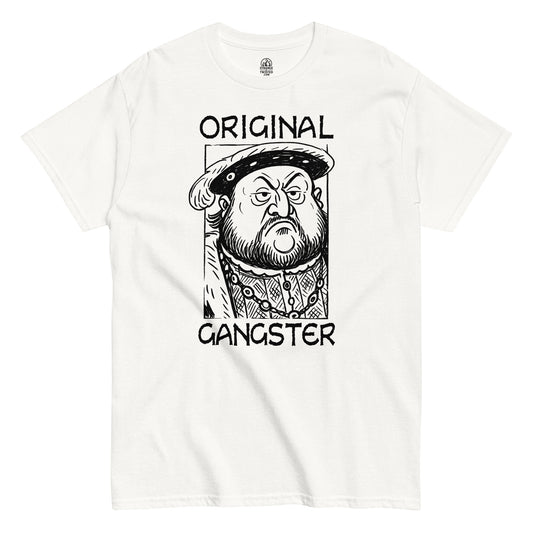 Funny Henry VIII T-shirt featuring black cartoon-style parody artwork of the Tudor king on white fabric.