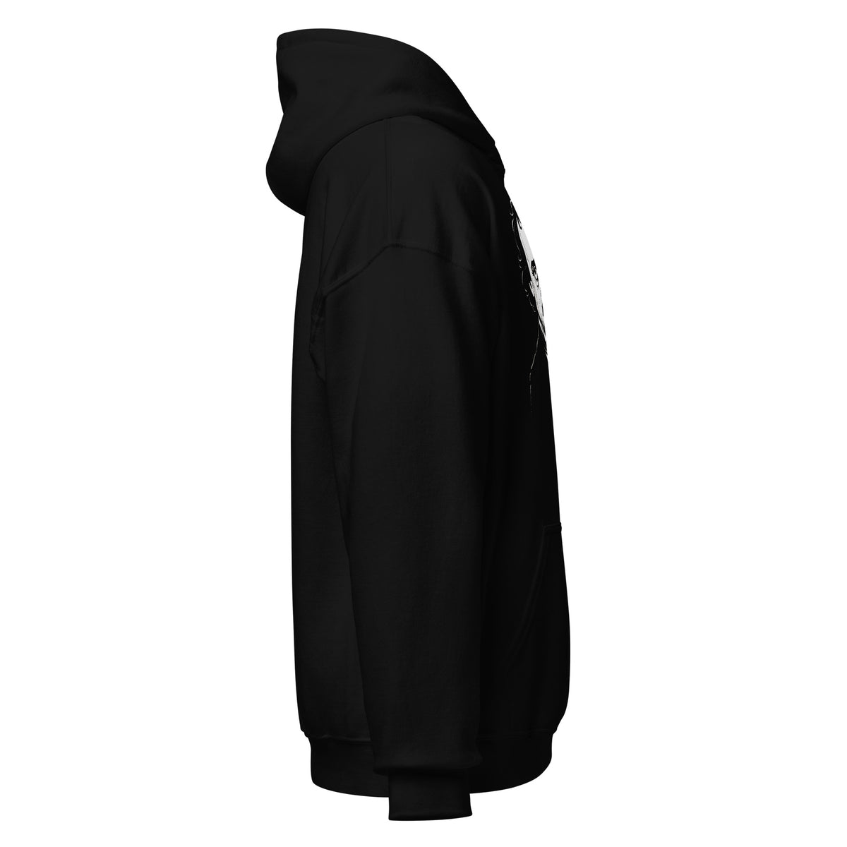 Right side view of black hoodie revealing the raven illustration and partial text detail.