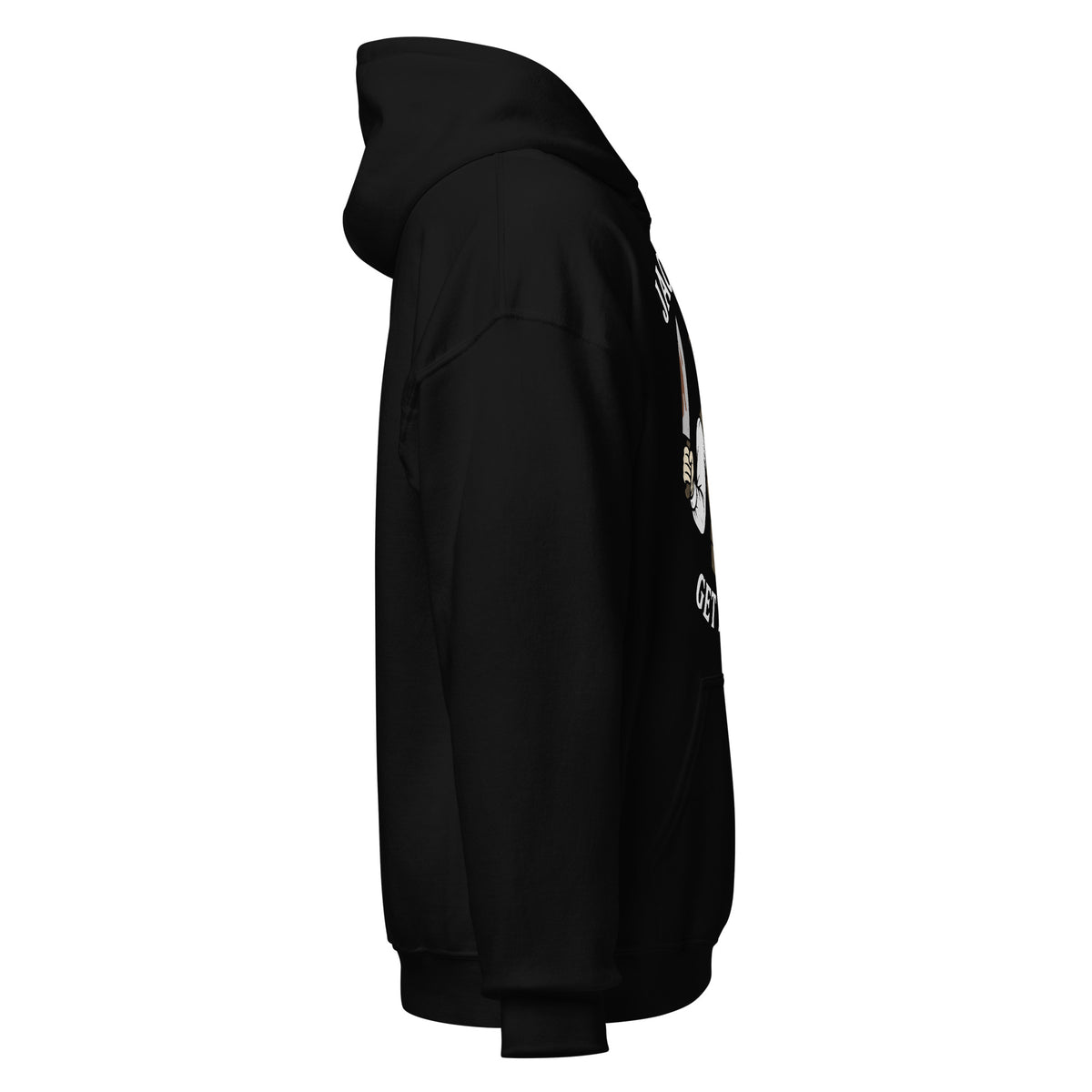 Right side view of black hoodie highlighting side profile and edge of the Jacks Gym artwork.