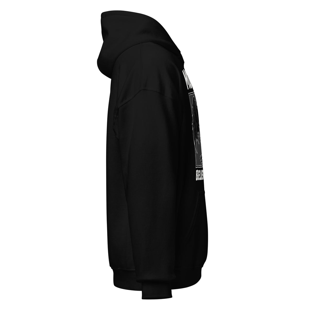 Black hoodie with a graphic design on the sleeve against a white background
