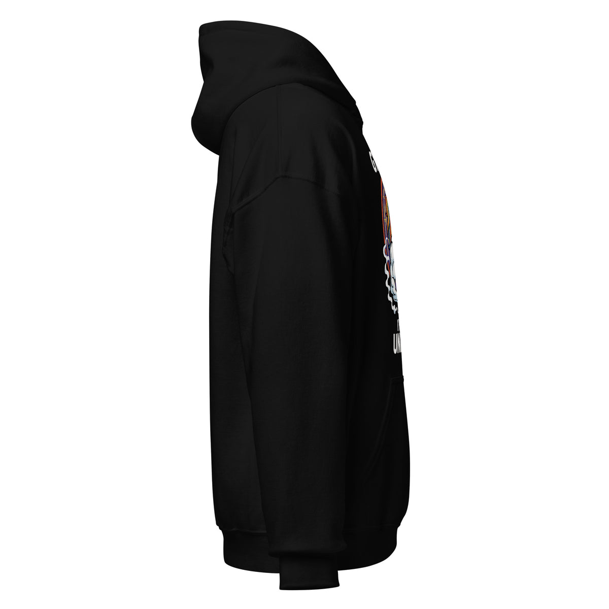 Right view black hoodie showing unicorn gym artwork