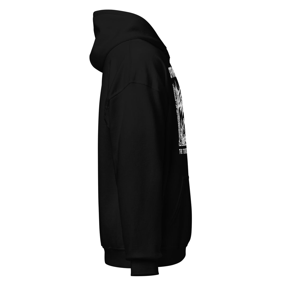 Spring Heeled Jack hoodie right side view, high contrast folklore artwork detail on black