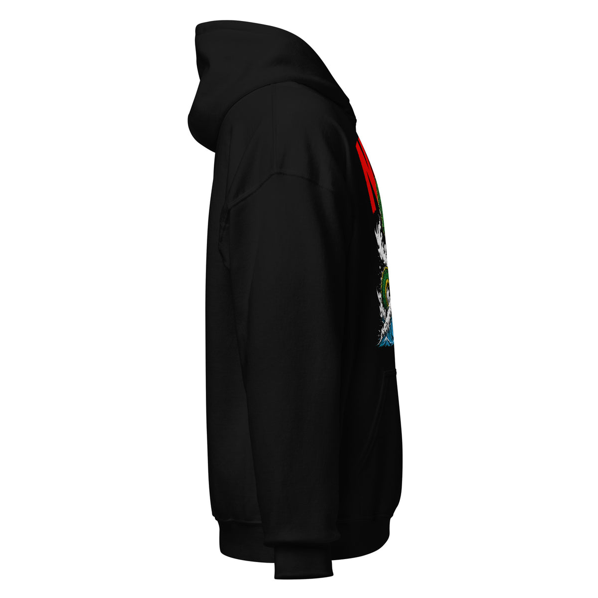 Loch Ness monster hoodie right side view, clean side with minimal visible artwork