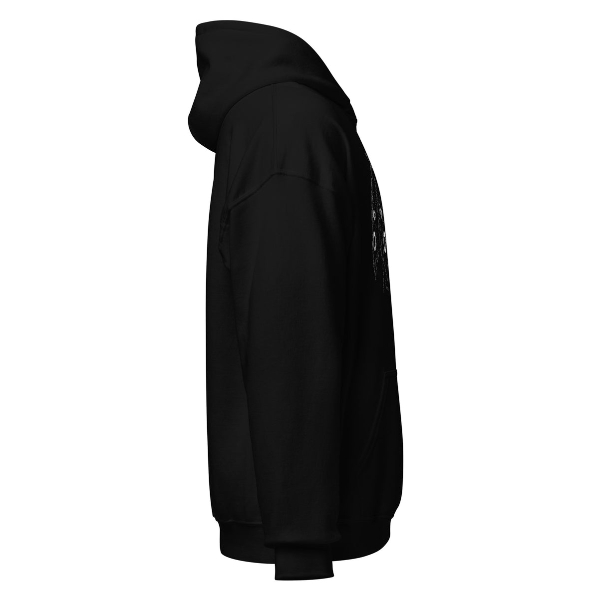 Right side view of spooky cryptid hoodie featuring paranormal spray paint design