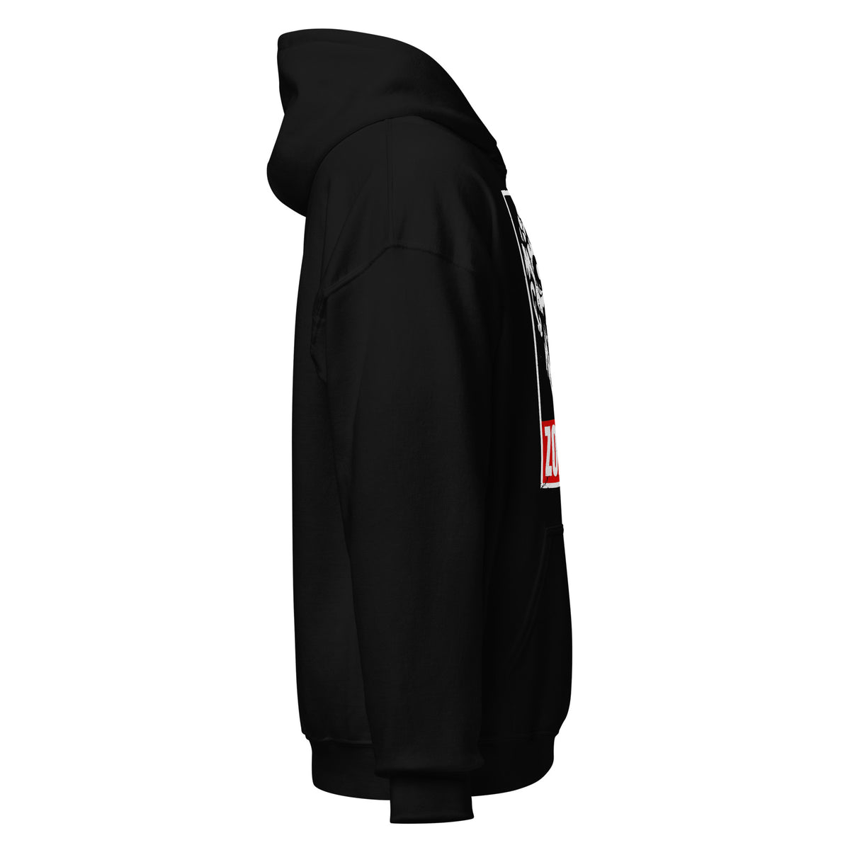 Right side view of horror hoodie with distressed zombie movie inspired graphic
