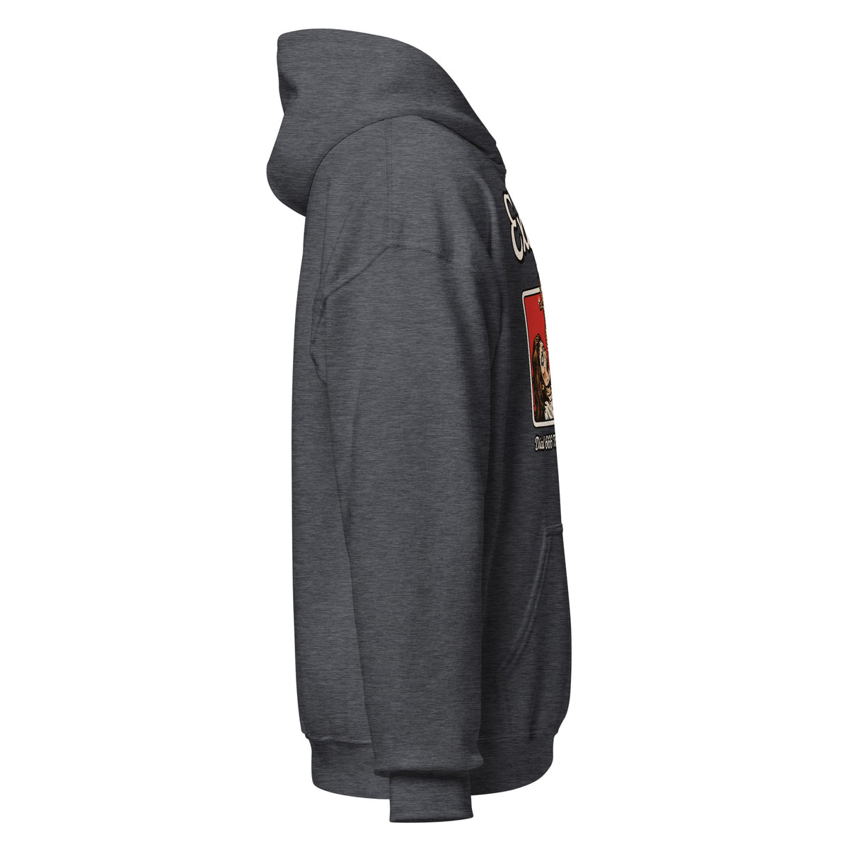 Right side view of dark heather grey hoodie with comfortable fit for horror fans. By Strange & Twisted.