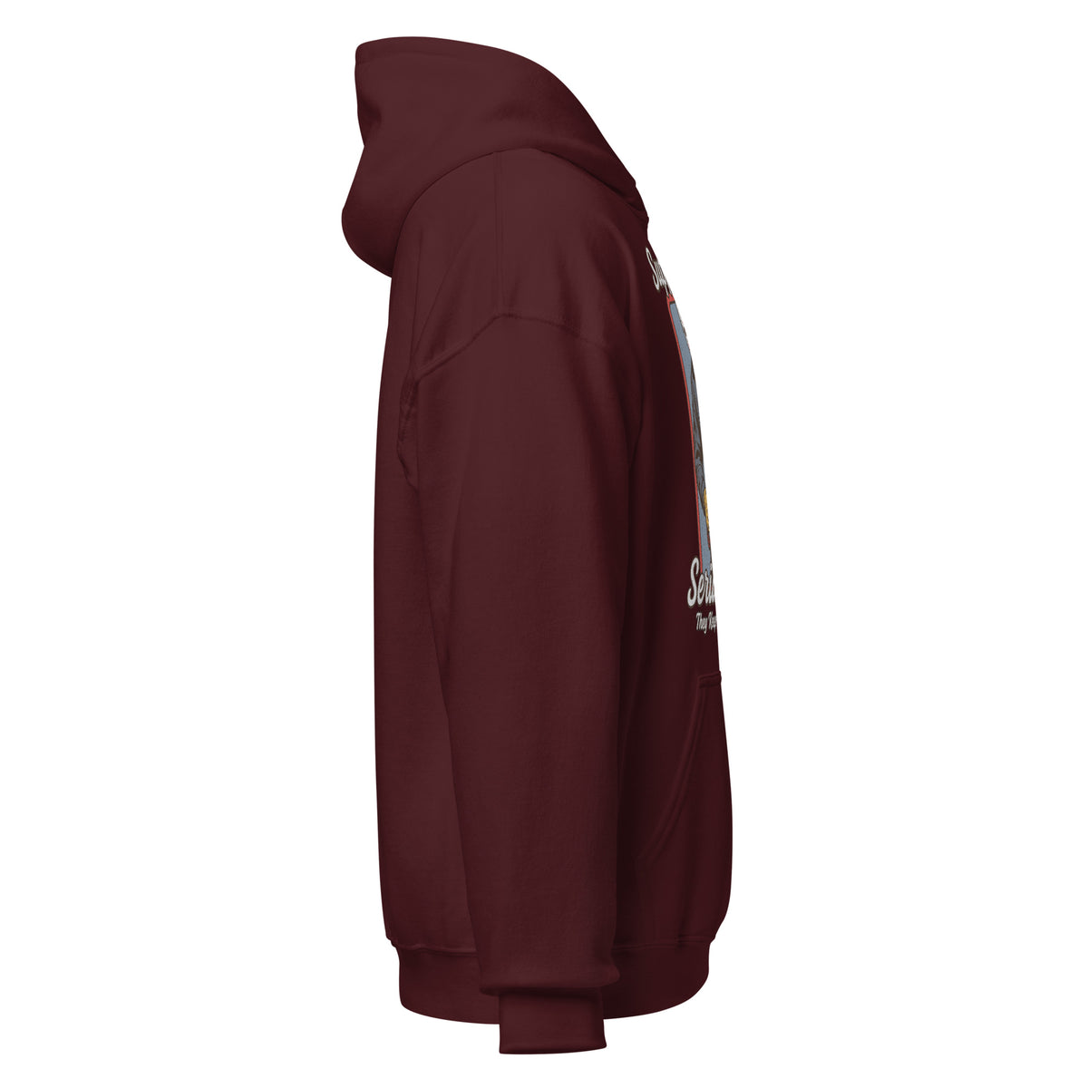 Right side profile of maroon hoodie with clear view of sleeve and torso fit for the vintage slasher parody design. By Strange & Twisted.