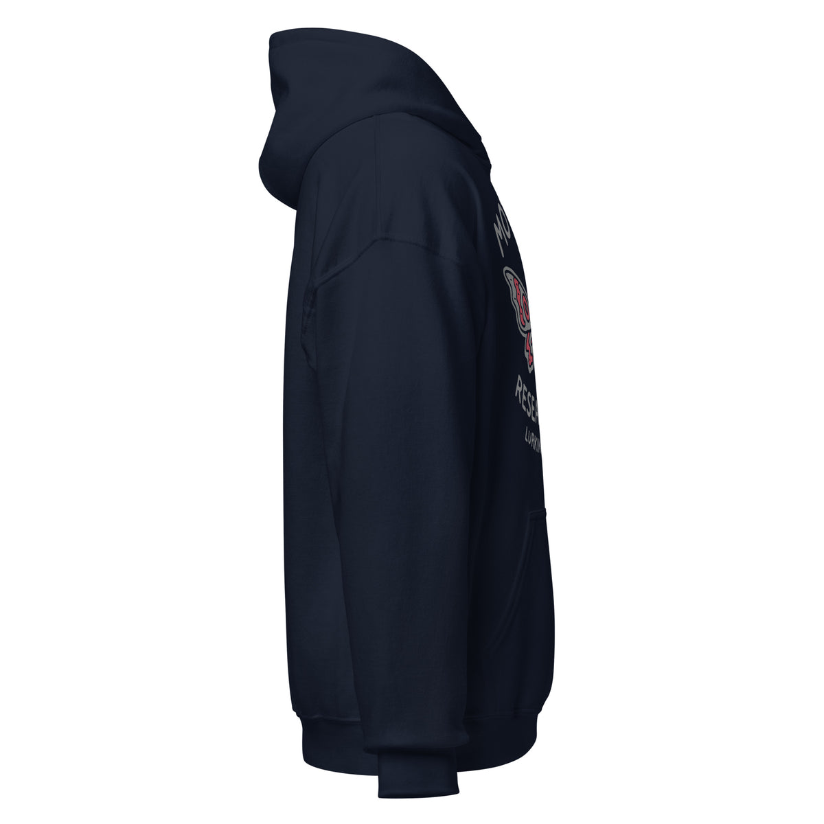 Right side of navy hoodie highlighting fit and shape for Mothman Research Team parody design, By Strange & Twisted