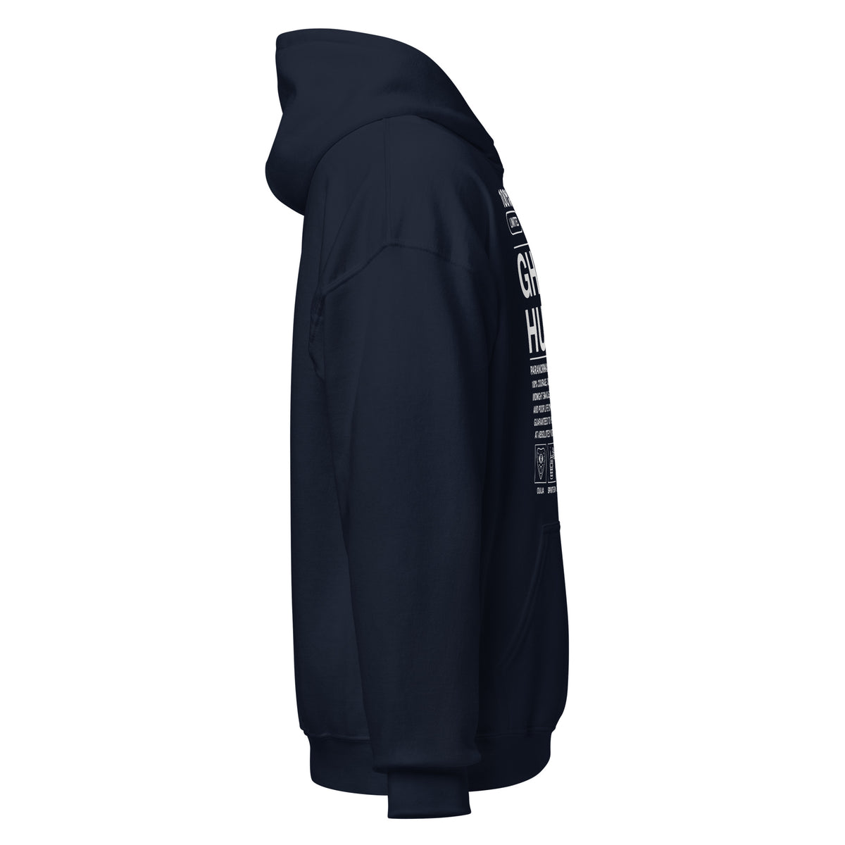 Ghost Hunter Paranormal Club hoodie right side view, paranormal investigator design on navy