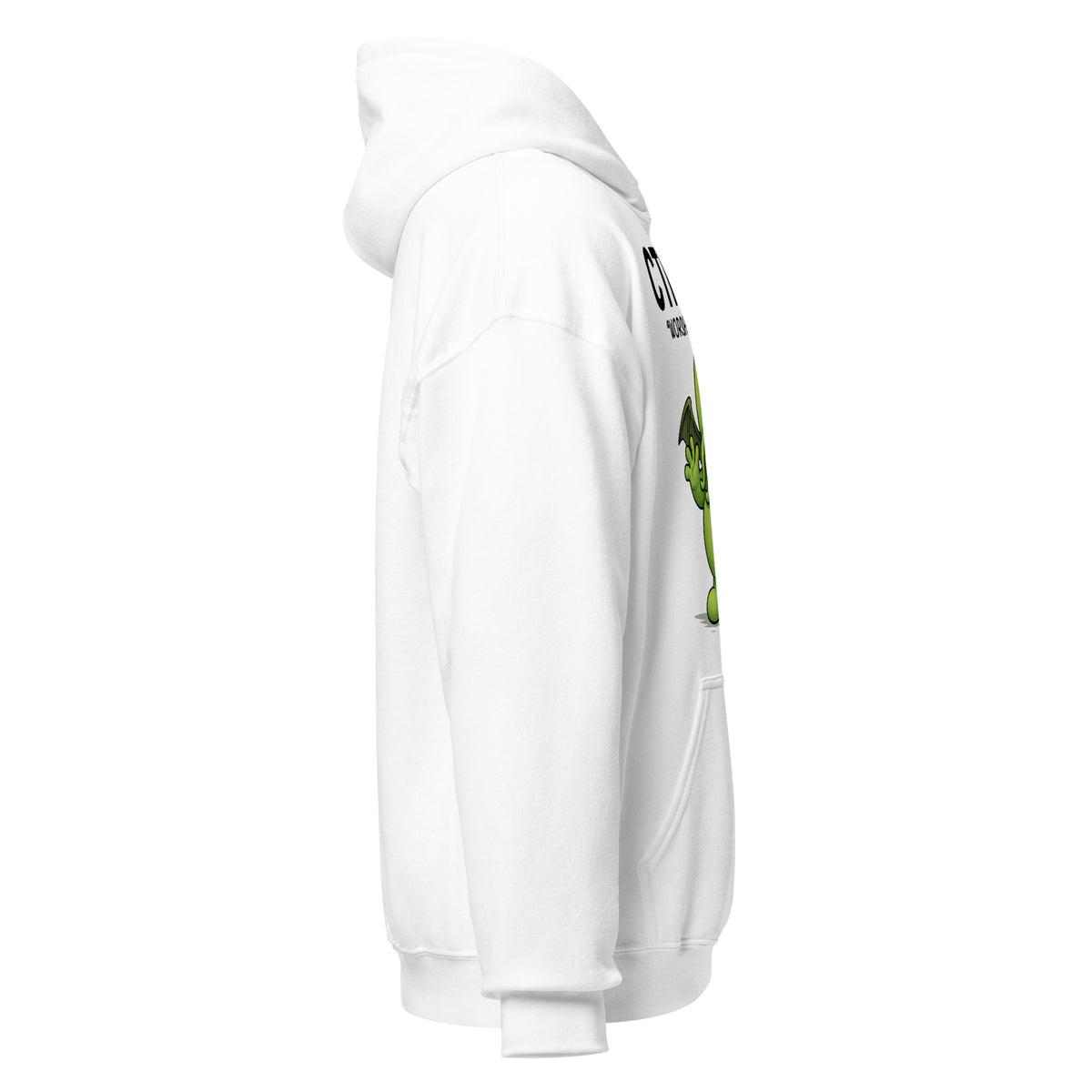 Cthulhu hoodie right side view, funny cosmic horror design on white