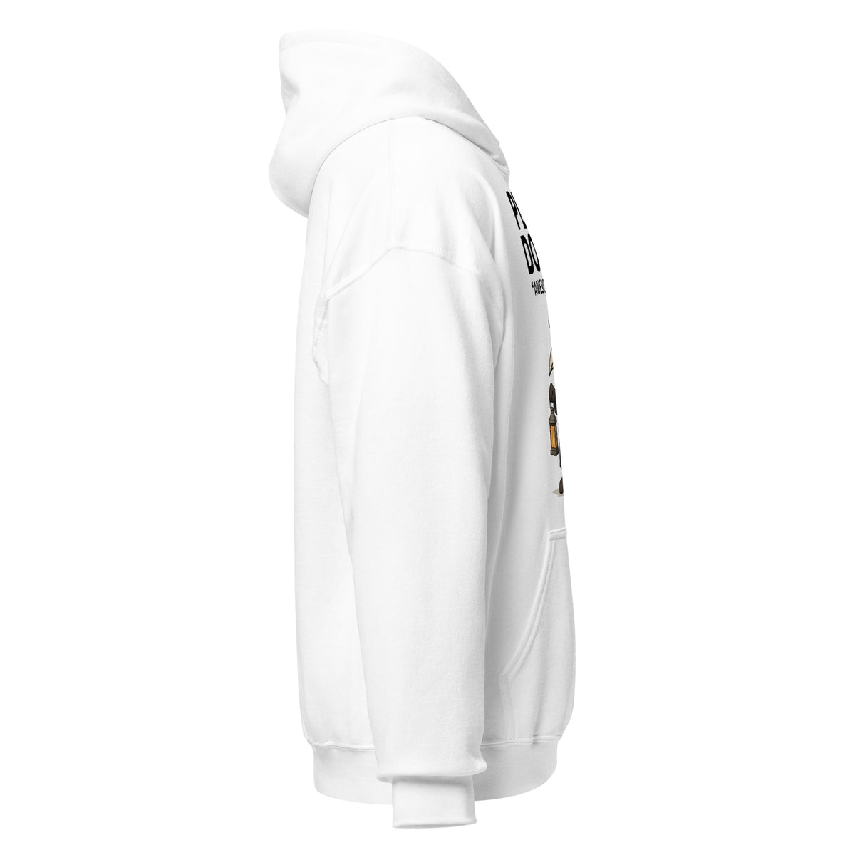 White hoodie right side angle with visible gothic artwork