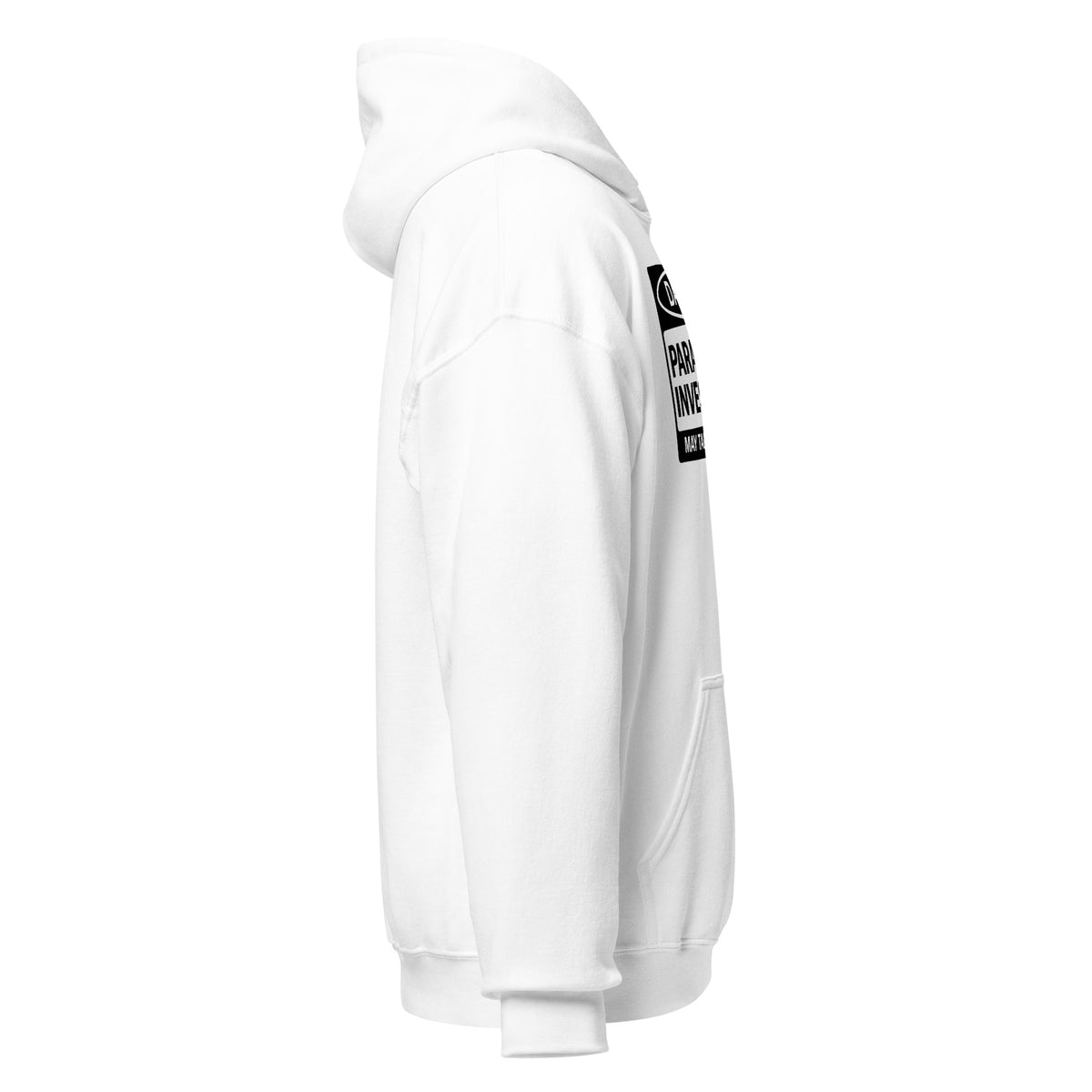 Right side view of white paranormal investigator ghost themed hoodie