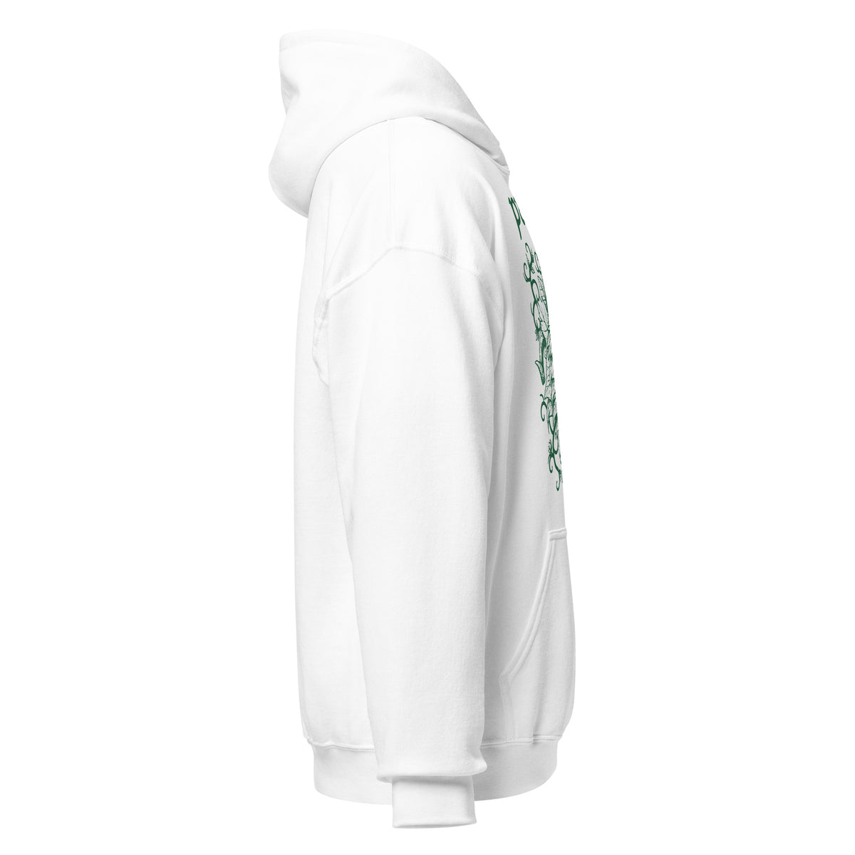 Green Man hoodie right side view, nature spirit artwork with leafy details on white