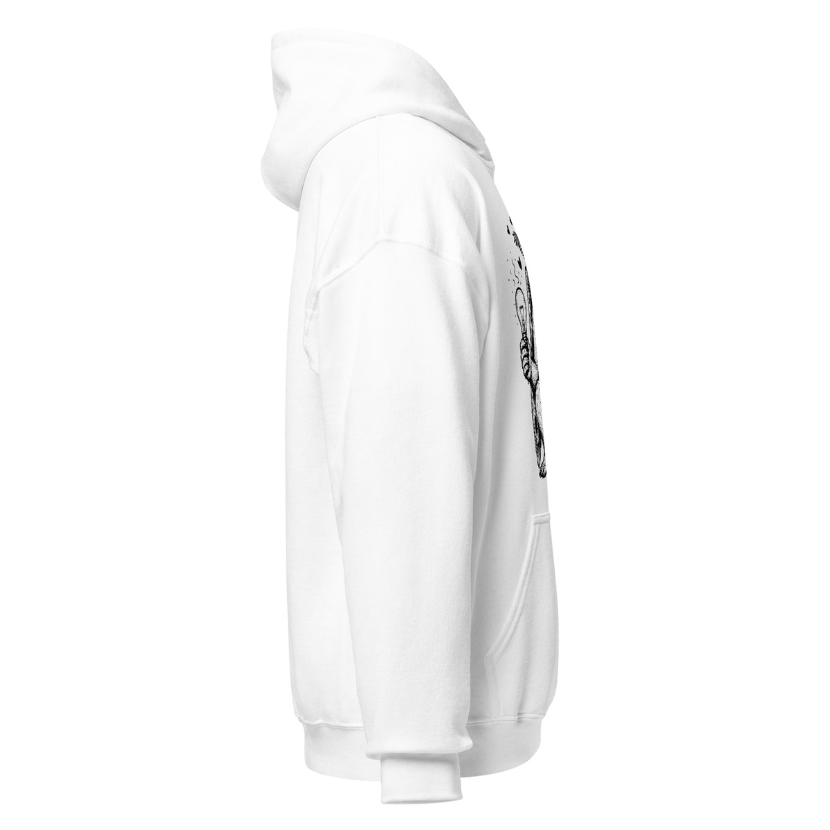 Right side view of cryptid humour hoodie with red eyed Mothman illustration