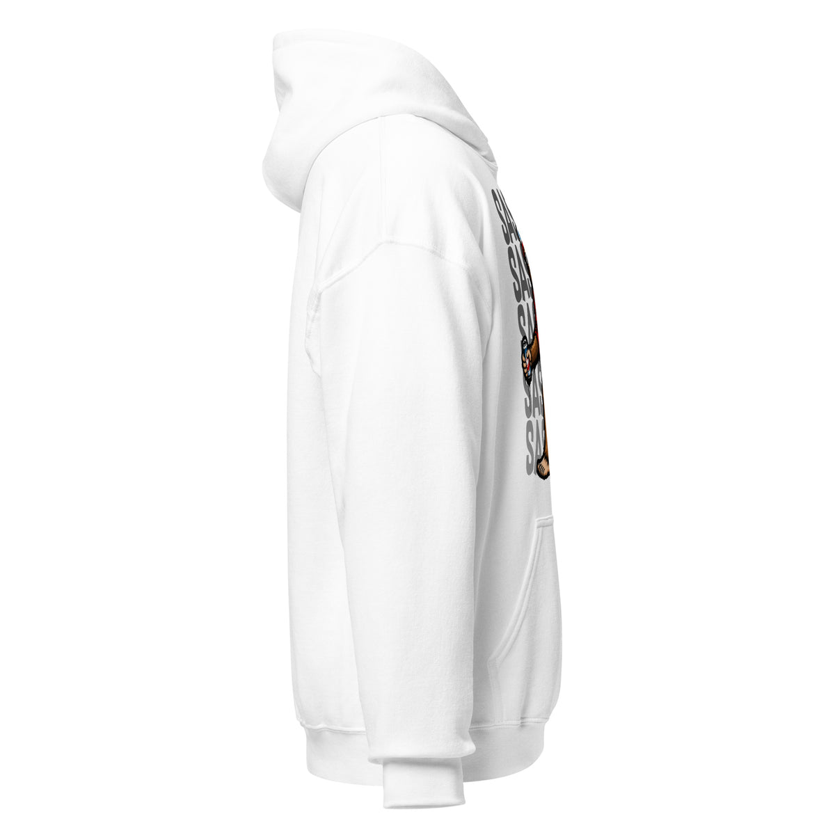 Right side view of funny Bigfoot hoodie with outdoor adventure inspired design