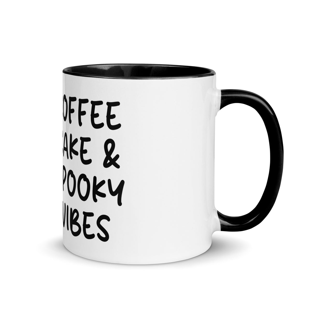 Funny gothic coffee mug with Coffee Cake and Spooky Vibes spooky lettering on white ceramic mug