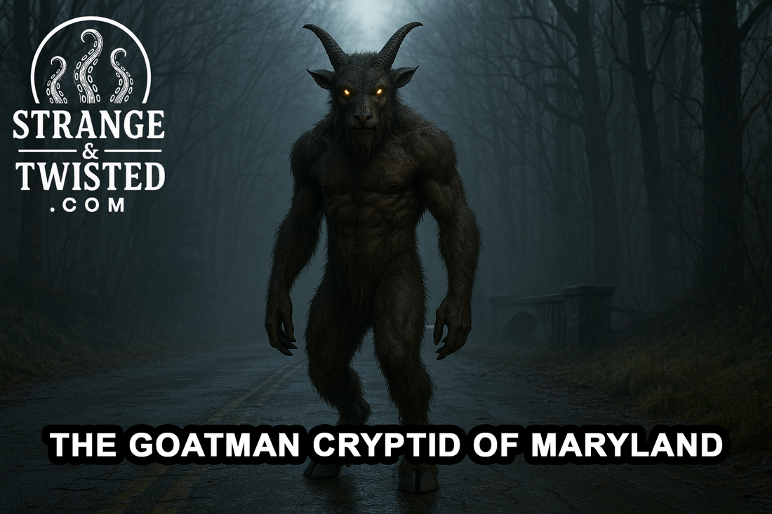 Ultra HD photorealistic image of the Goatman standing on a foggy Maryland forest road near an old stone bridge, with glowing yellow eyes, curved horns, and coarse fur under pale moonlight. By Strange & Twisted