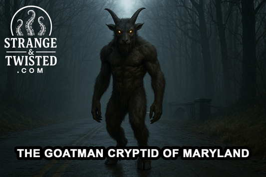 Ultra HD photorealistic image of the Goatman standing on a foggy Maryland forest road near an old stone bridge, with glowing yellow eyes, curved horns, and coarse fur under pale moonlight. By Strange & Twisted