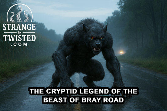 Ultra HD photorealistic image of the Beast of Bray Road standing upright on a rural Wisconsin road at dusk, with dark fur, glowing amber eyes, and sharp claws illuminated by soft golden twilight and misty surroundings. By Strange & Twisted
