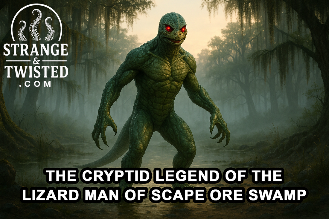 Ultra HD photorealistic image of the Lizard Man of Scape Ore Swamp emerging from a foggy South Carolina swamp at dawn, with glowing red eyes, green scaly skin, and webbed claws under soft golden morning light. By Strange & Twisted