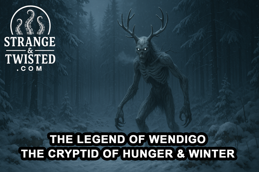 Ultra HD photorealistic image of the Wendigo stalking through a snowy forest at night, with pale gray skin, glowing eyes, antlers, and frost-covered bones, surrounded by mist, snow-laden trees, and moonlight reflecting off the ice. By Strange & Twisted