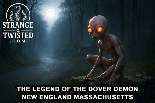 Ultra HD photorealistic image of the Dover Demon crouched on a stone wall beside a misty forest road at night, with pale gray-pink skin, glowing orange eyes, and moonlight reflecting off its smooth surface. By Strange & Twisted