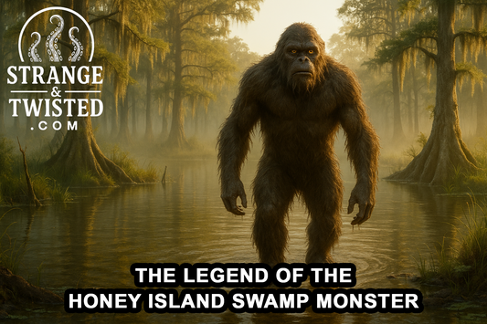 Ultra HD photorealistic image of the Honey Island Swamp Monster emerging from a misty Louisiana bayou at dawn, with wet matted fur, glowing yellow eyes, and Spanish moss hanging from surrounding cypress trees. By Strange & Twisted
