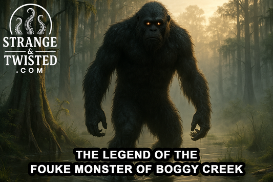 Ultra HD photorealistic image of the Fouke Monster stalking through a misty Arkansas swamp at dawn, with glowing amber eyes, wet dark fur, and sunlight filtering through moss-draped cypress trees. By Strange & Twisted