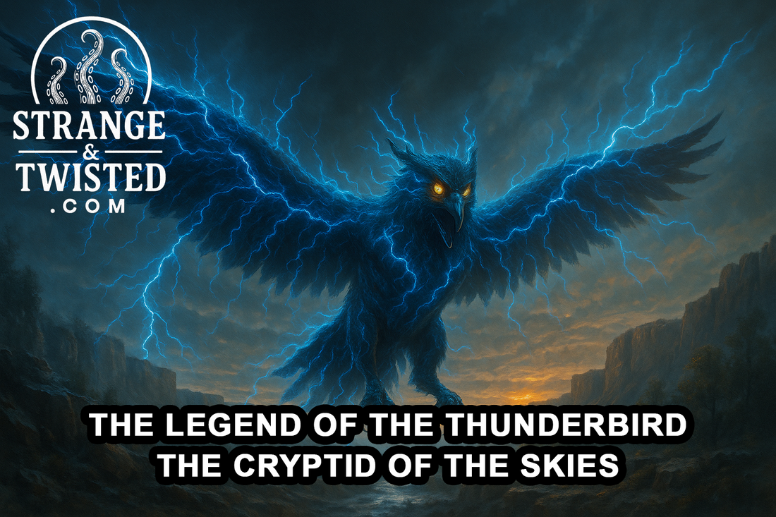 Ultra HD photorealistic image of a colossal cryptid Thunderbird with glowing golden eyes and electric-blue lightning crackling across its wings, soaring through storm clouds over a canyon at dawn. by Strange & Twisted