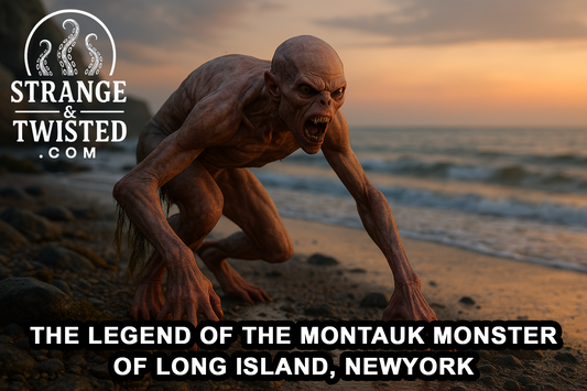 Ultra HD photorealistic image of the Montauk Monster crouched low on a rocky beach at sunrise, with leathery gray-pink skin, sharp claws, and an aggressive, creeping stance near the waves. By Strange & Twisted