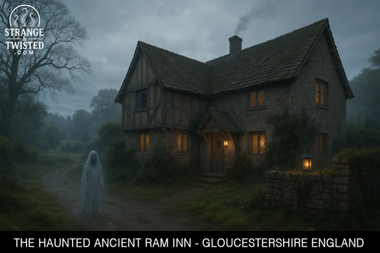 A ghostly figure stands on a foggy path outside the haunted Ancient Ram Inn in Gloucestershire, with warm lights glowing from the old stone building at dusk.