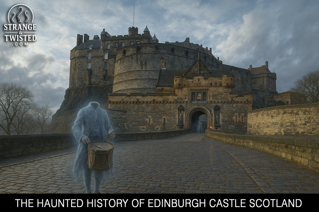 A ghostly headless drummer appears on the cobblestone path outside Edinburgh Castle at dusk, with the ancient stone fortress rising against a cloudy sky. by Strange & Twisted