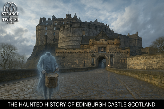 A ghostly headless drummer appears on the cobblestone path outside Edinburgh Castle at dusk, with the ancient stone fortress rising against a cloudy sky. by Strange & Twisted
