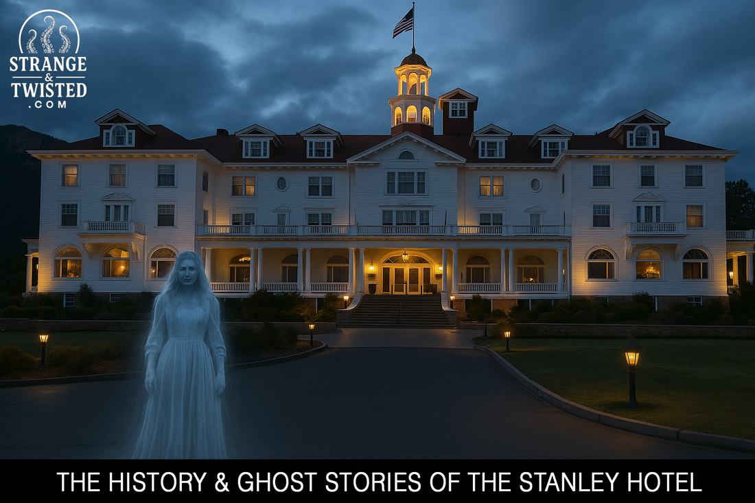 Ghostly woman apparition standing in front of the Stanley Hotel at dusk, historic haunted Colorado landmark known for paranormal activity and The Shining inspiration. By Strange & Twisted