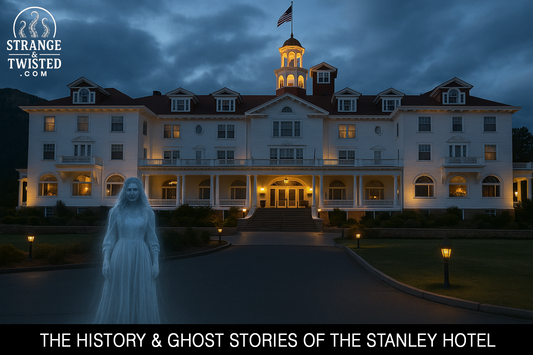 Ghostly woman apparition standing in front of the Stanley Hotel at dusk, historic haunted Colorado landmark known for paranormal activity and The Shining inspiration. By Strange & Twisted