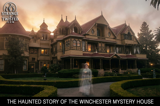 Photorealistic landscape of the Winchester Mystery House at dusk with glowing windows and a faint ghostly figure in the garden. By Strange & Twisted