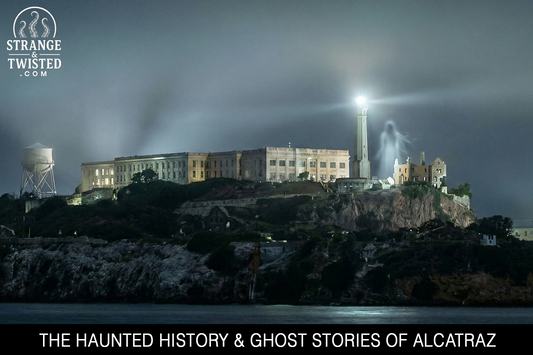 Night time image of Alcatraz with fog, lighthouse light and a subtle ghostly figure near the ruins. By Strange & Twisted