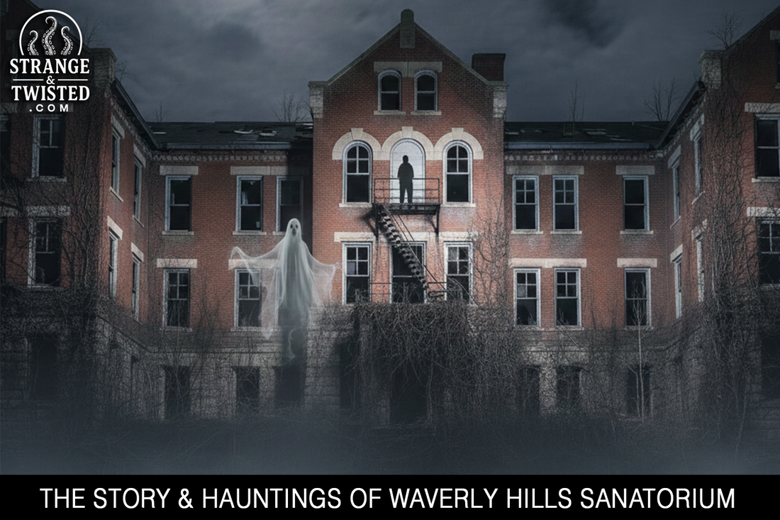 Night image of Waverly Hills Sanatorium with mist, a ghostly figure and a shadow silhouette in the upper window. By Strange & Twisted