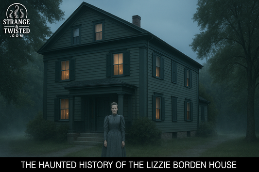 Night view of the Lizzie Borden House with mist and a ghostly figure standing in front. By Strange & Twisted