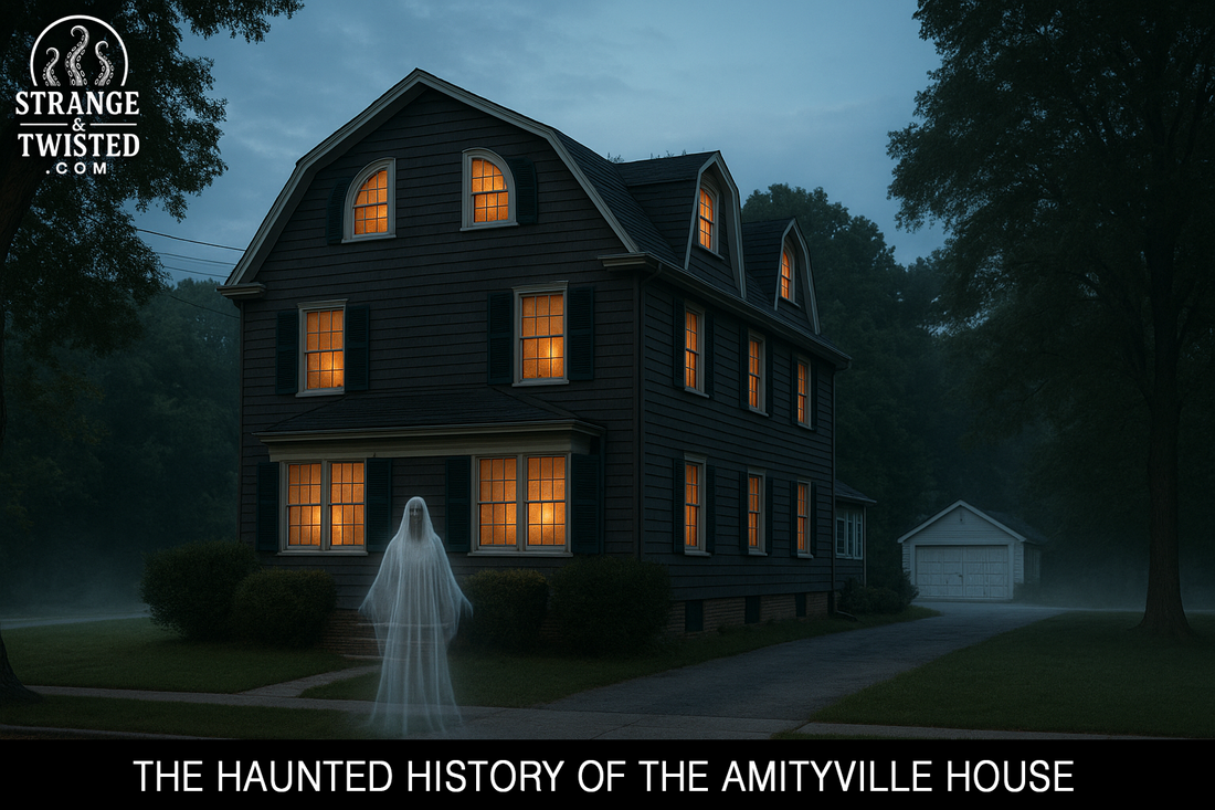 Night view of the Amityville House with warm lights and a ghostly figure in front. By Strange & Twisted