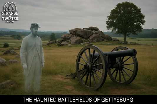 The haunted Gettysburg Battlefield with a Civil War cannon and a ghostly soldier figure. By Strange & Twisted